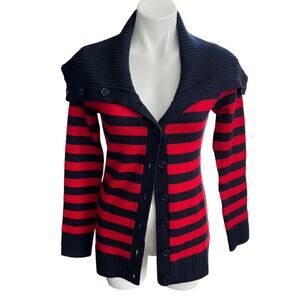Banana Republic Striped Blue Red Merino Wool Cardigan Crowl neck size small